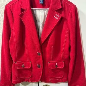 Chic Red Wool Blend Lined Women's Blazer with Button Accents